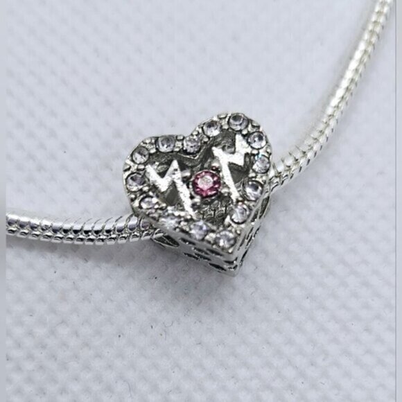 Sterling Silver 925 MOM Heart Charm Bracelet Pink Crystal NWT - Picture 7 of 9